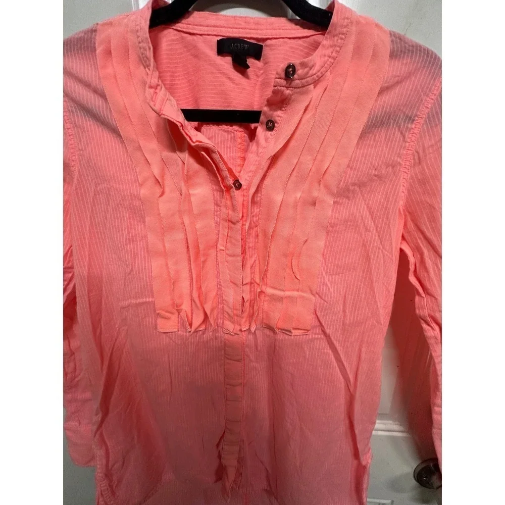 J.Crew Grosgrain Neon Pink Blouse Size 4 VNeck 3/4 Button Down Long Sleeve